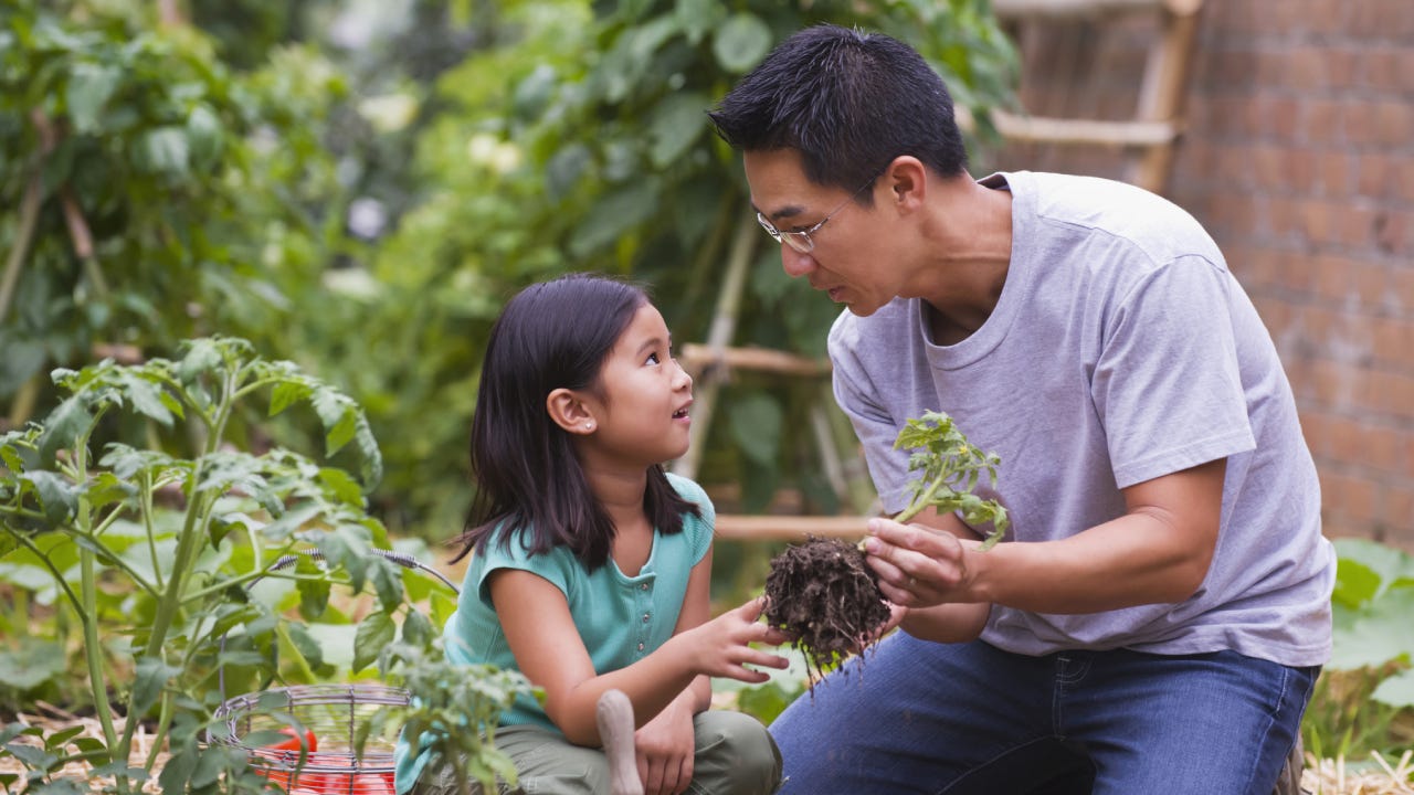 An Asian father is gardening with his little daughter.