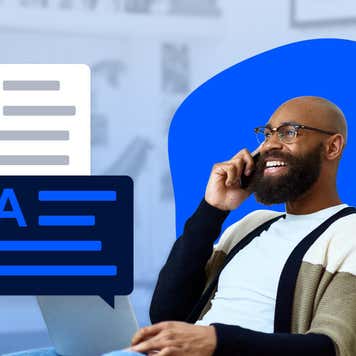 Illustrated photo of business man on the phone with Question and Answer chat bubbles next to him.