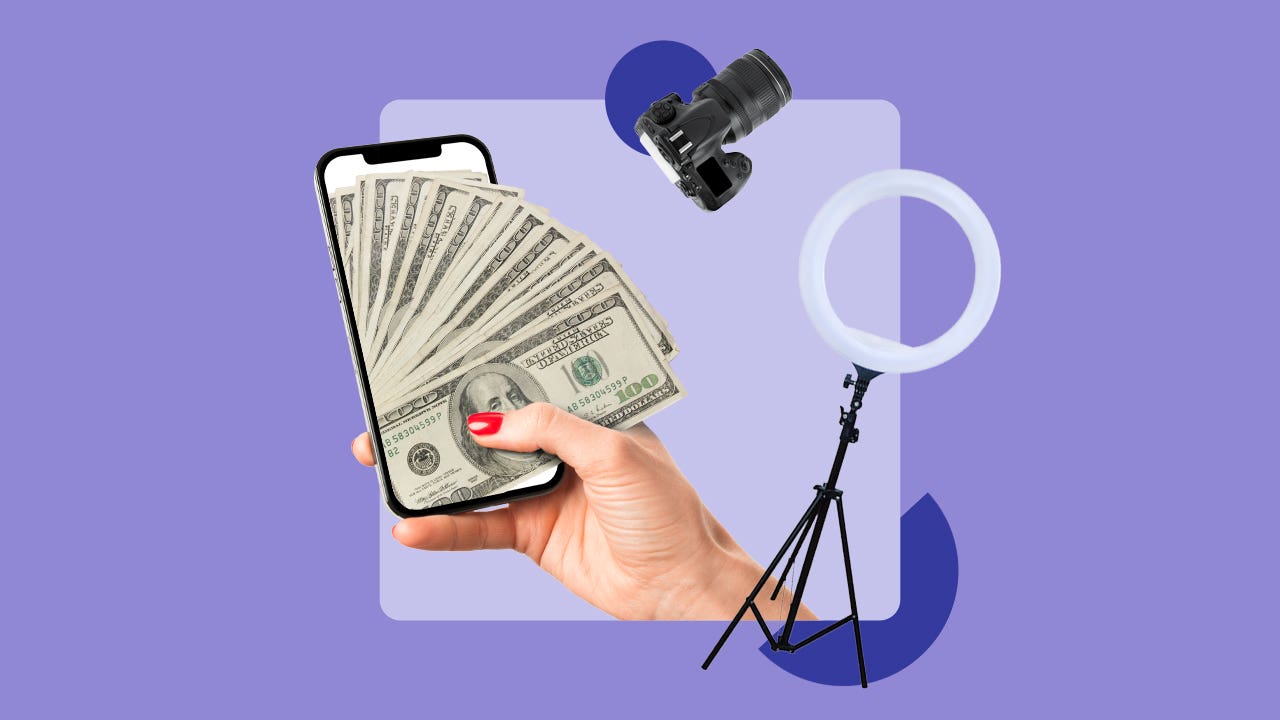 Assortment of objects. Camera, tripod, hand holding cellphone, cash.