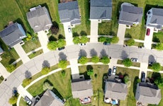 Aerial view of a subdivision and houses in a neighborhood