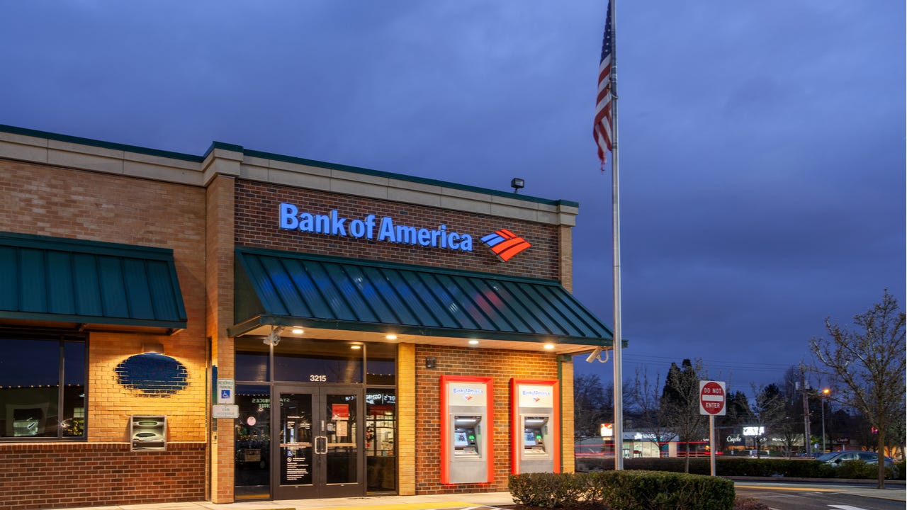 Bank of America branch at night