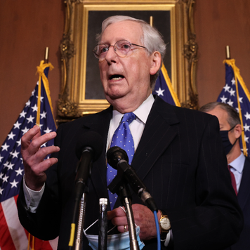 Senate Majority Leader Mitch McConnell (R-KY) talks with reporters.
