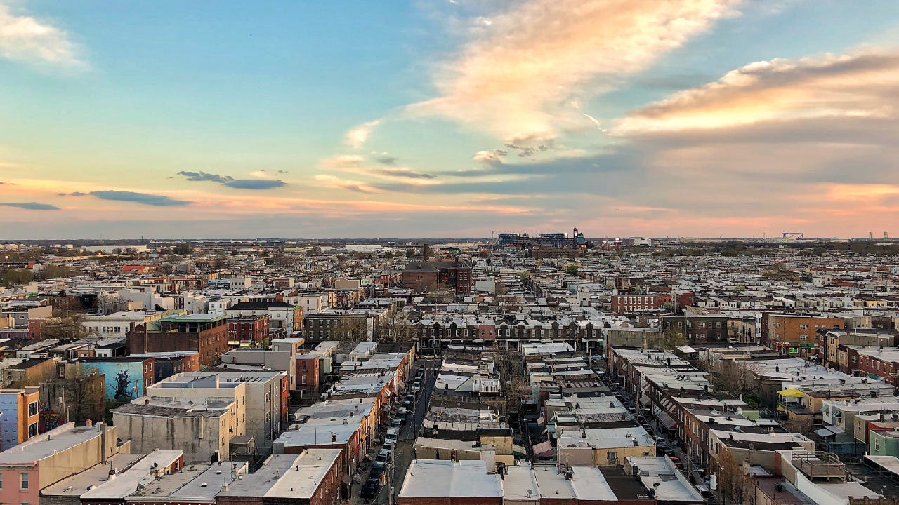 An urban neighborhood seen from above.