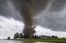Shot of a tornado whipping through a lightly forested area.