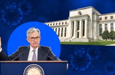 Federal Reserve Chairman Jerome Powell and the Fed Eccles Building illustration