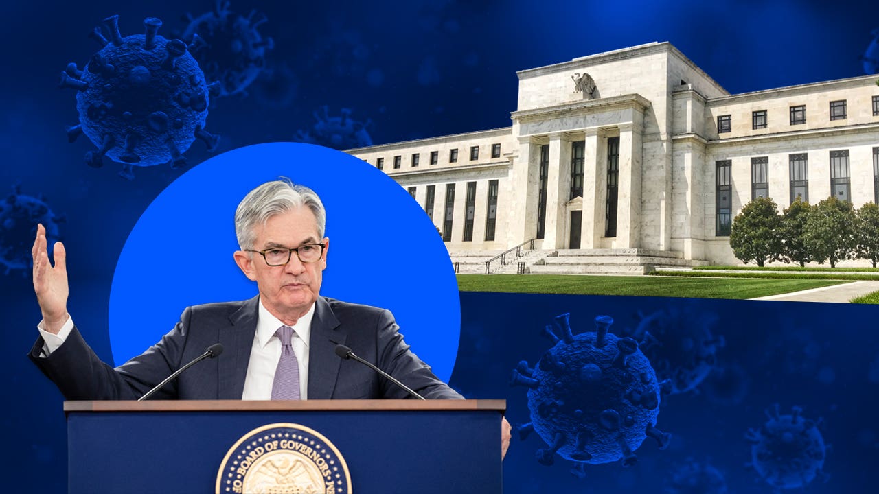 Federal Reserve Chairman Jerome Powell and the Fed Eccles Building illustration