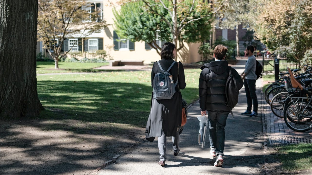 Students walk on Harvard campus