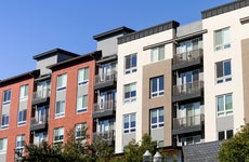 Exterior view of modern apartment building offering luxury rental units in Silicon Valley; Sunnyvale, San Francisco bay area, California