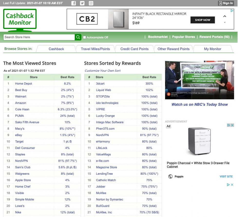 Screenshot of Cashback Monitor homepage