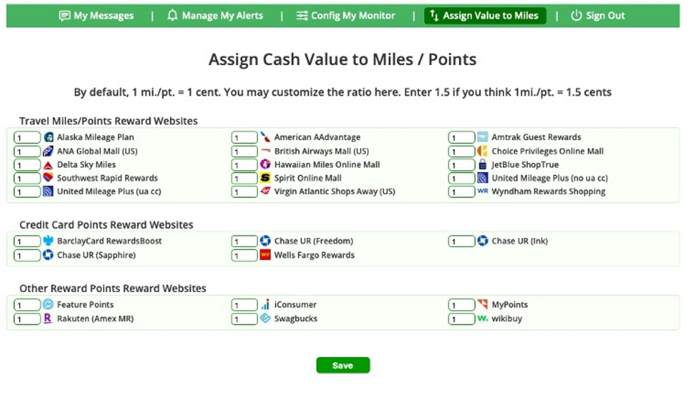 Screenshot of a Cashback Monitor that allows users to assign different cash values to different types of points