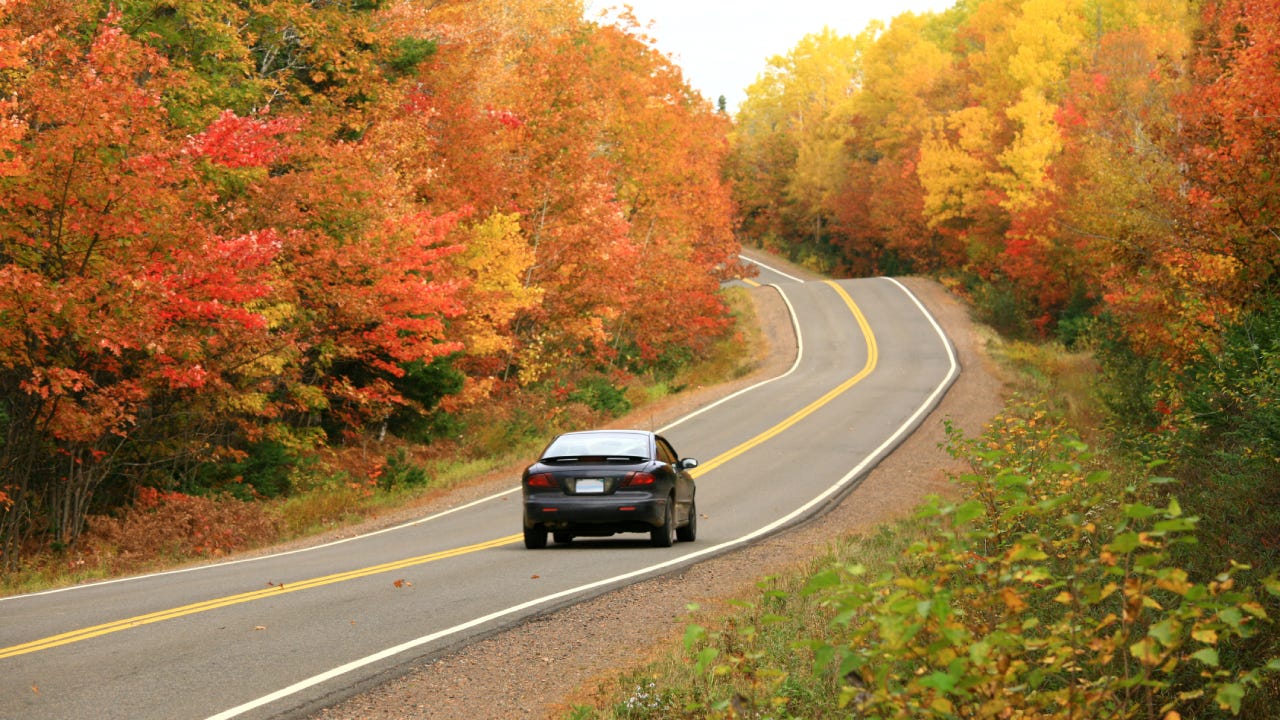 A peaceful drive on a road in Vermont surrounded by orange trees filled with fall leaves.