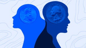 Photo illustration of man and woman with money.