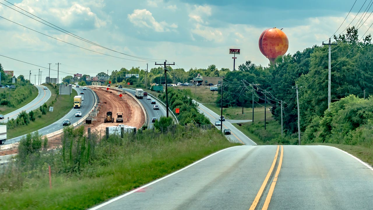 view of roads and Peachoid water tower in Gaffney, South Carolina