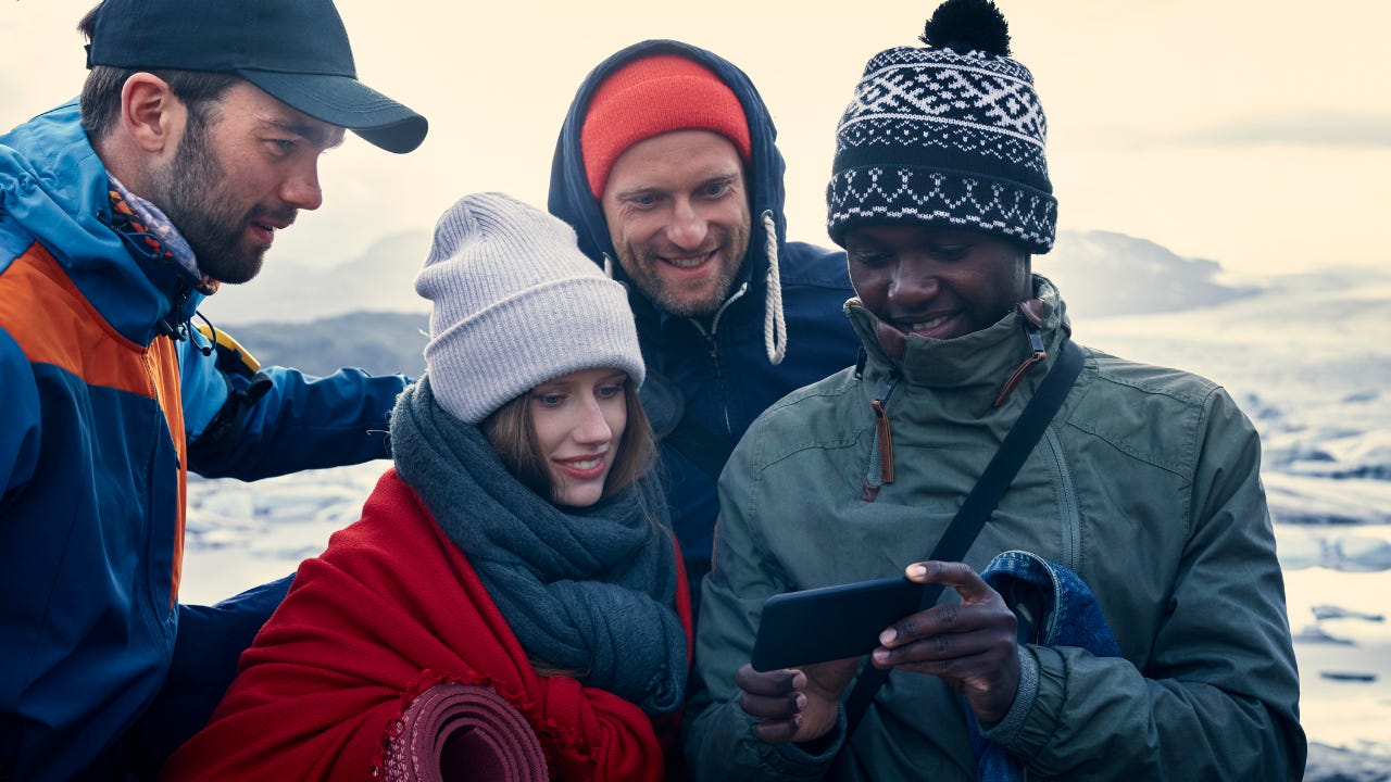 Group of tourists in scenic landscape