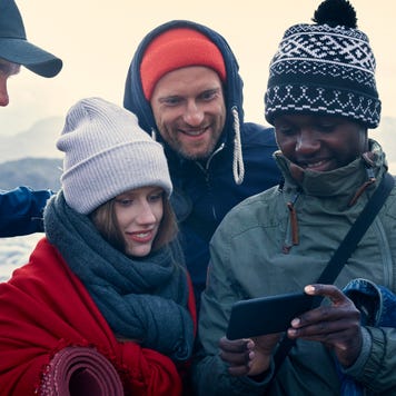 Group of tourists in scenic landscape