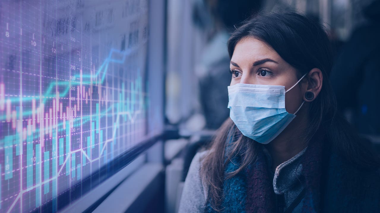 Woman looking at bar graphs with mask on illustration.