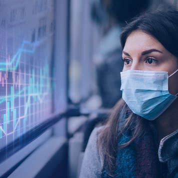 Woman looking at bar graphs with mask on illustration.