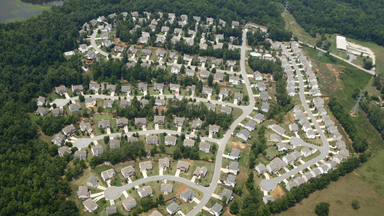 Aerial view of planned communities in the suburbs of Greenville SC