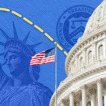 Illustration of Capitol Hill rotunda and coronavirus stimulus checks