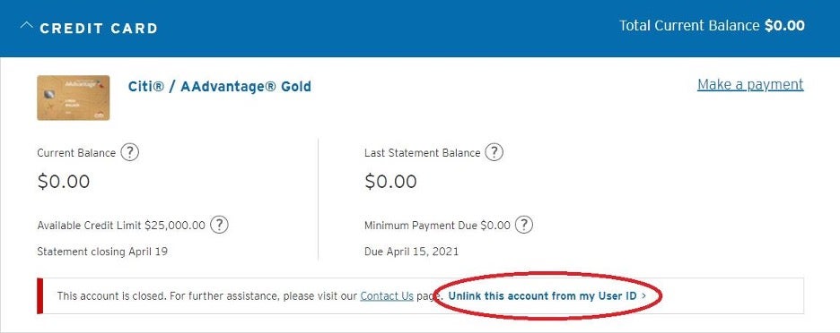 Screenshot of how to unlink a card from your account management page