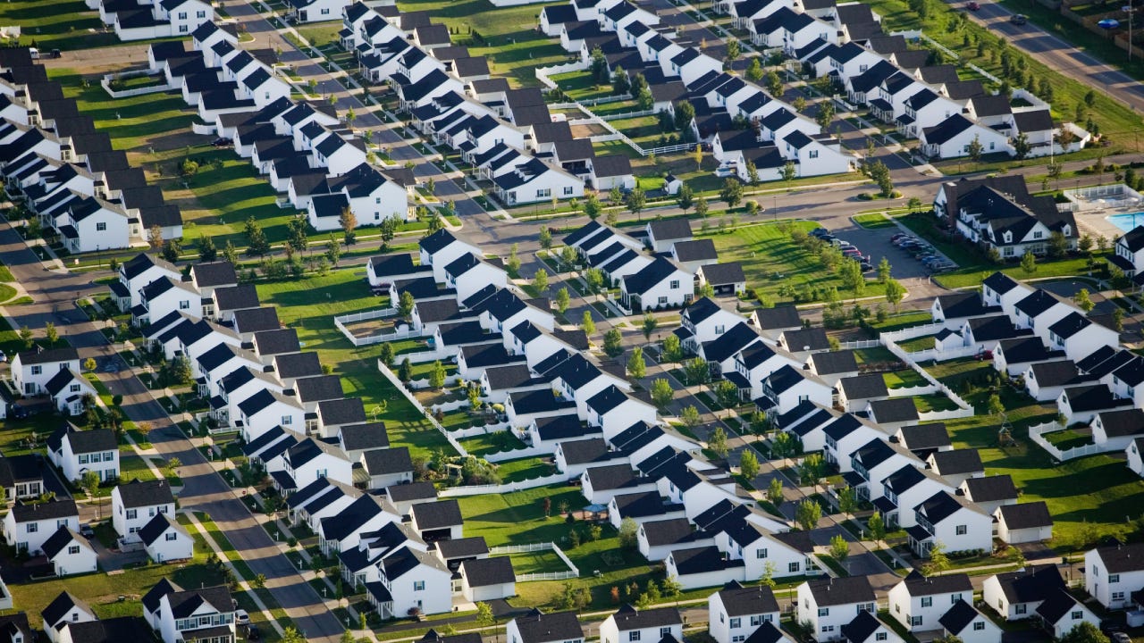 Houses in suburban neighborhood, aerial view