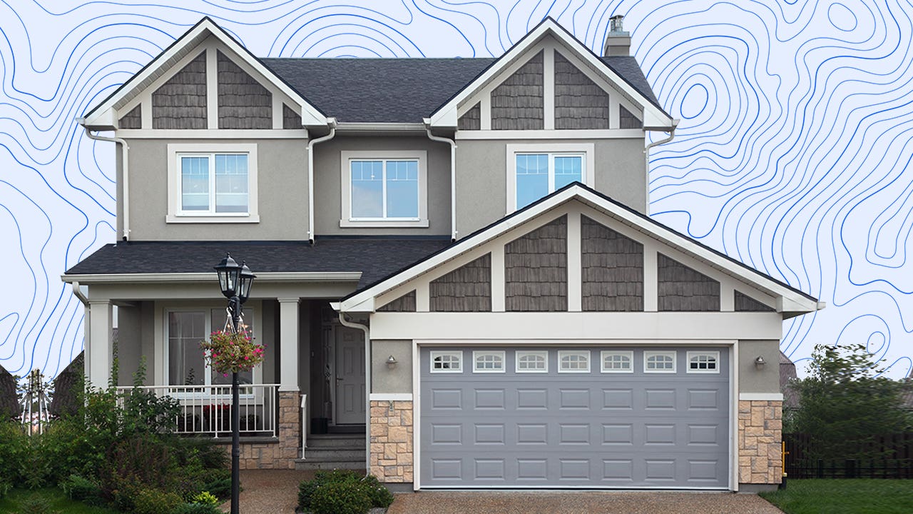 A house in front of a topographic-looking background