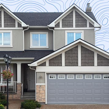 A house in front of a topographic-looking background