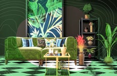 A stylized green sofa with coffee table and accents