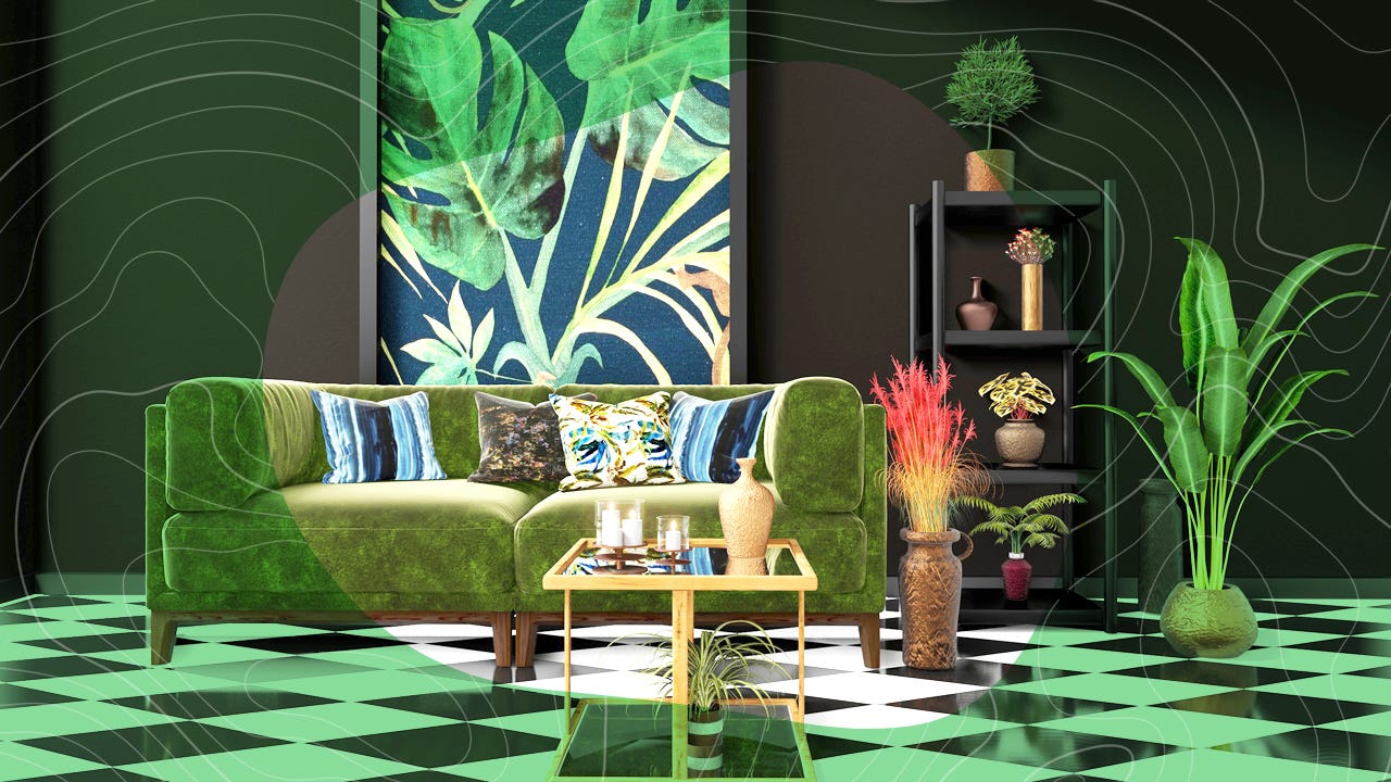 A stylized green sofa with coffee table and accents