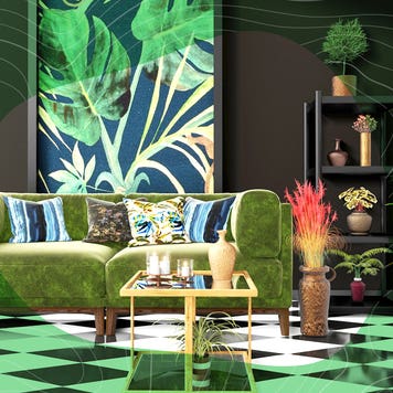 A stylized green sofa with coffee table and accents
