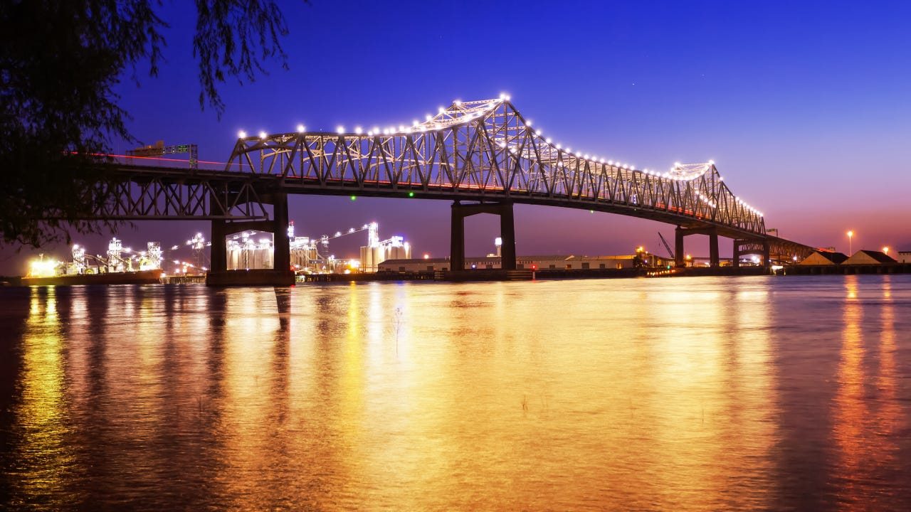 Baton Rouge Bridge Over Mississippi River in Louisiana at Night