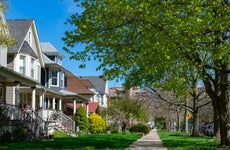 A row of old wooden homes with front lawns and a sidewalk in the North Center neighborhood of Chicago
