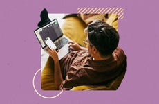 design image a man sitting down on a couch with a laptop in his lap and phone in one hand