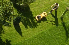Young person mowing the lawn