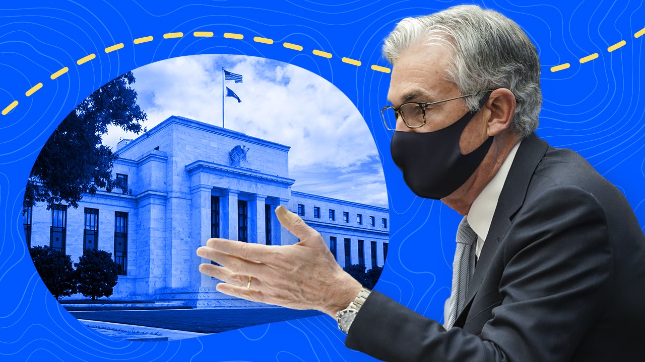 Federal Reserve Chairman Jerome Powell illustration with Fed's Eccles building in background