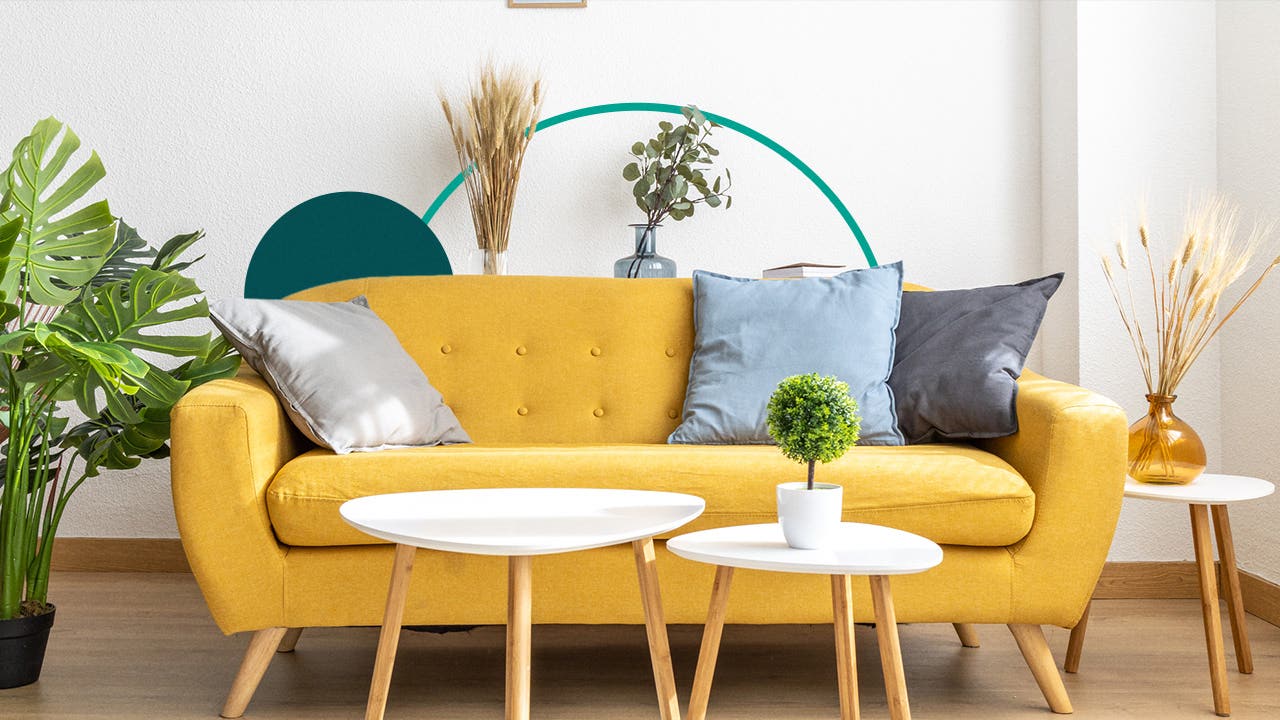 Illustrated collage featuring a yellow couch and plants in a room