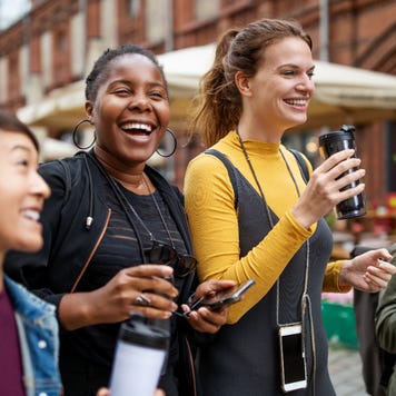 Group of young women tourists