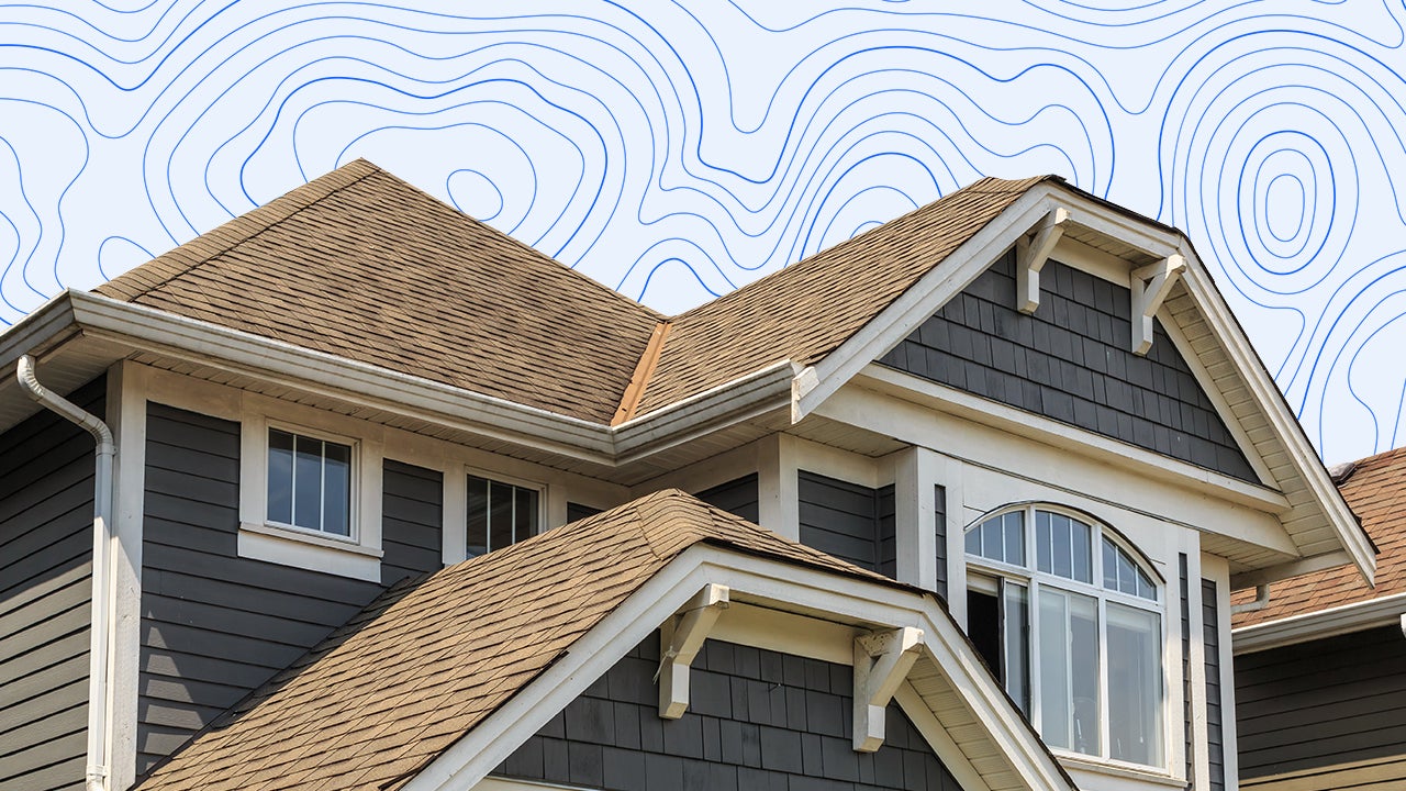 A house roofline in front of a graphic background.