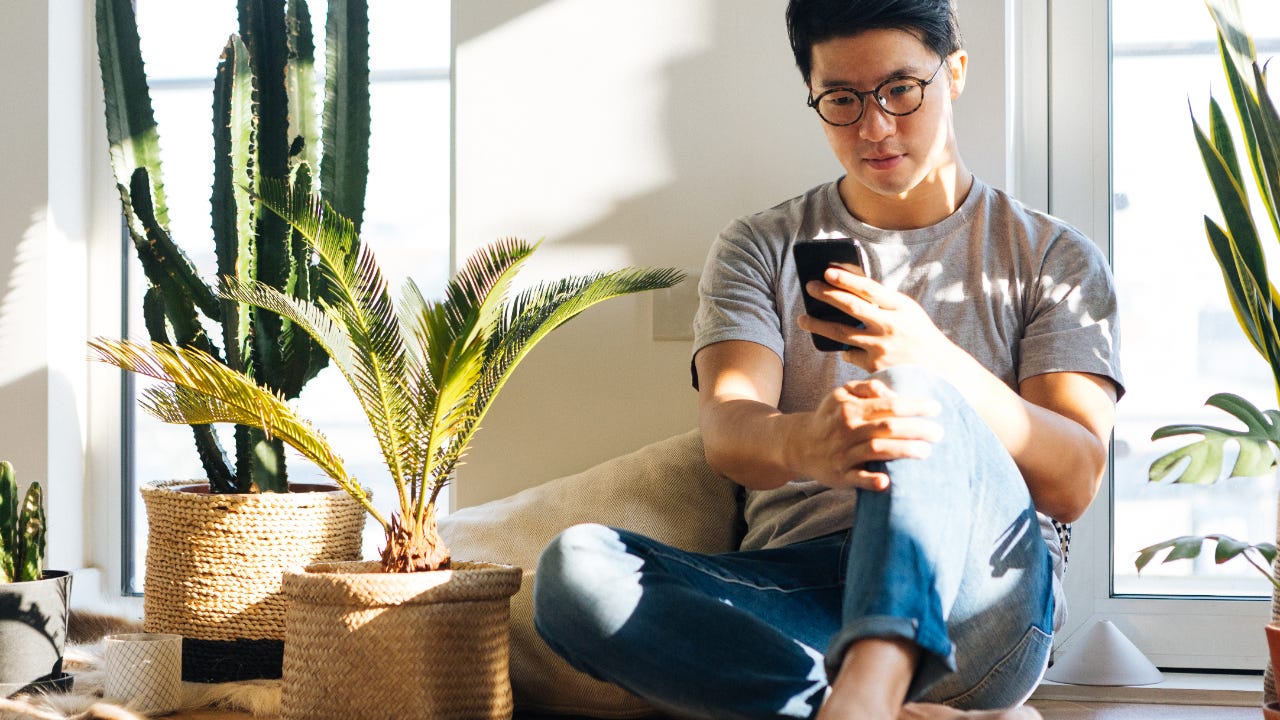 Young Man Using Smartphone At Home With Plants