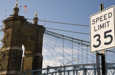 Speed limit sign and bridge in Cincinnati, Ohio