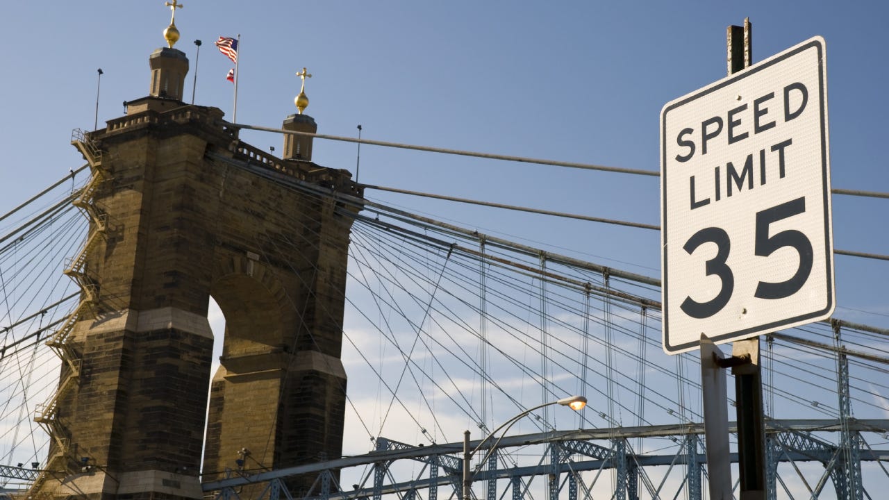 Speed limit sign and bridge in Cincinnati, Ohio
