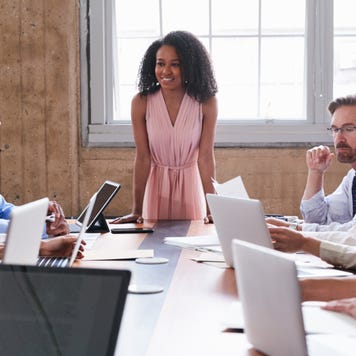 Woman gives a business presentation