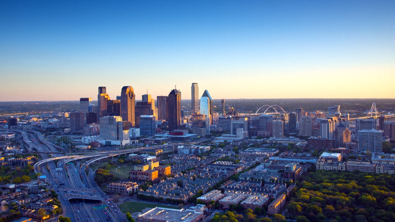 The Dallas skyline is a colorful landscape in late afternoon light