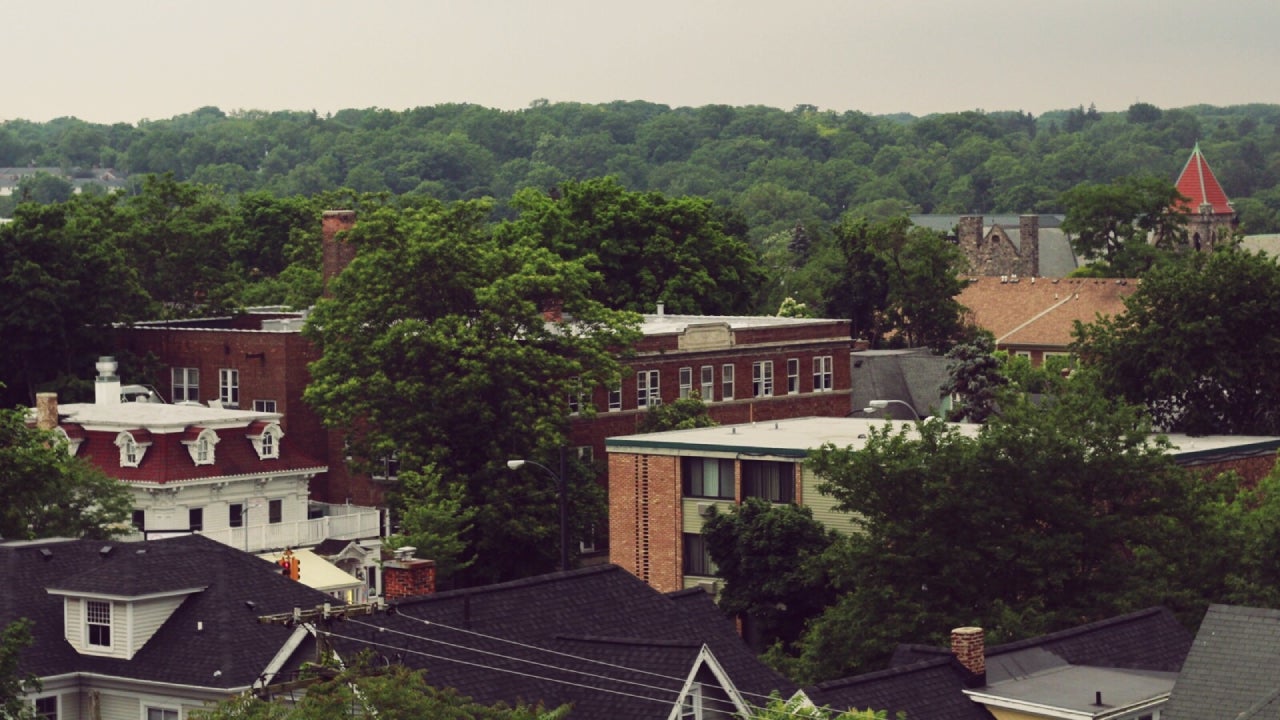 Exterior Of Buildings In Town Against Clear Sky