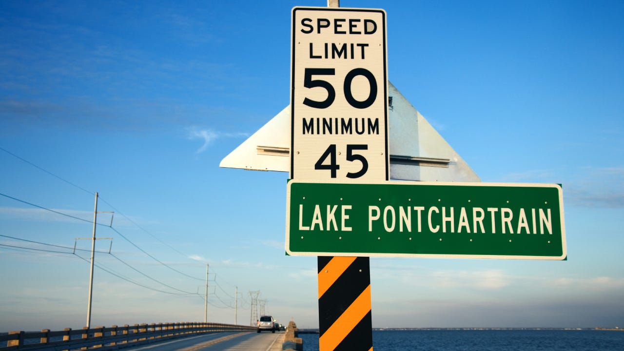 Highway and signs along Lake Pontchartrain, Louisiana