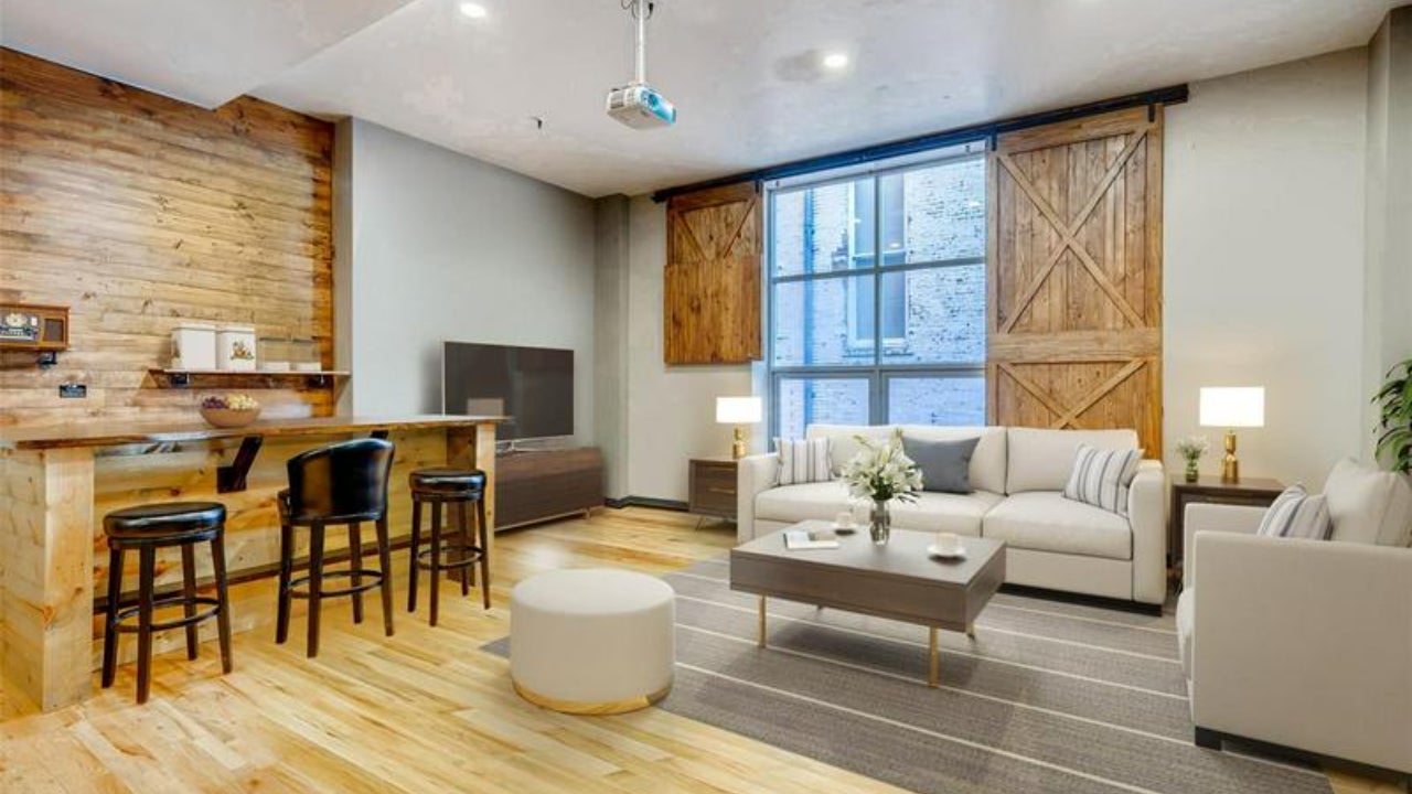 Denver bachelor pad digitally-staged with updated furniture