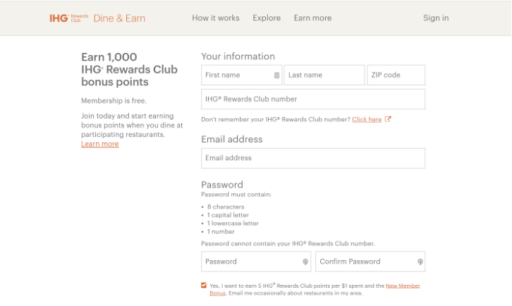 Screenshot of the IHG Rewards Club Dining registration webpage