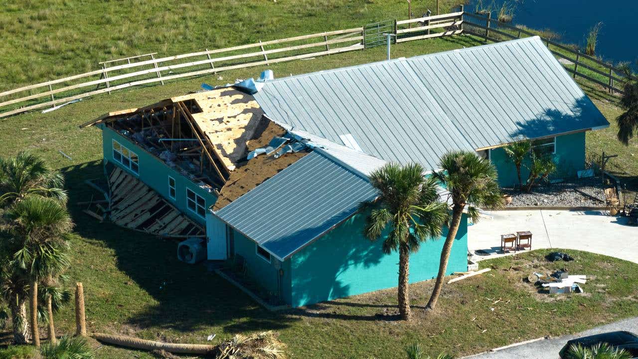 Hurricane Ian destroyed house in Florida residential area