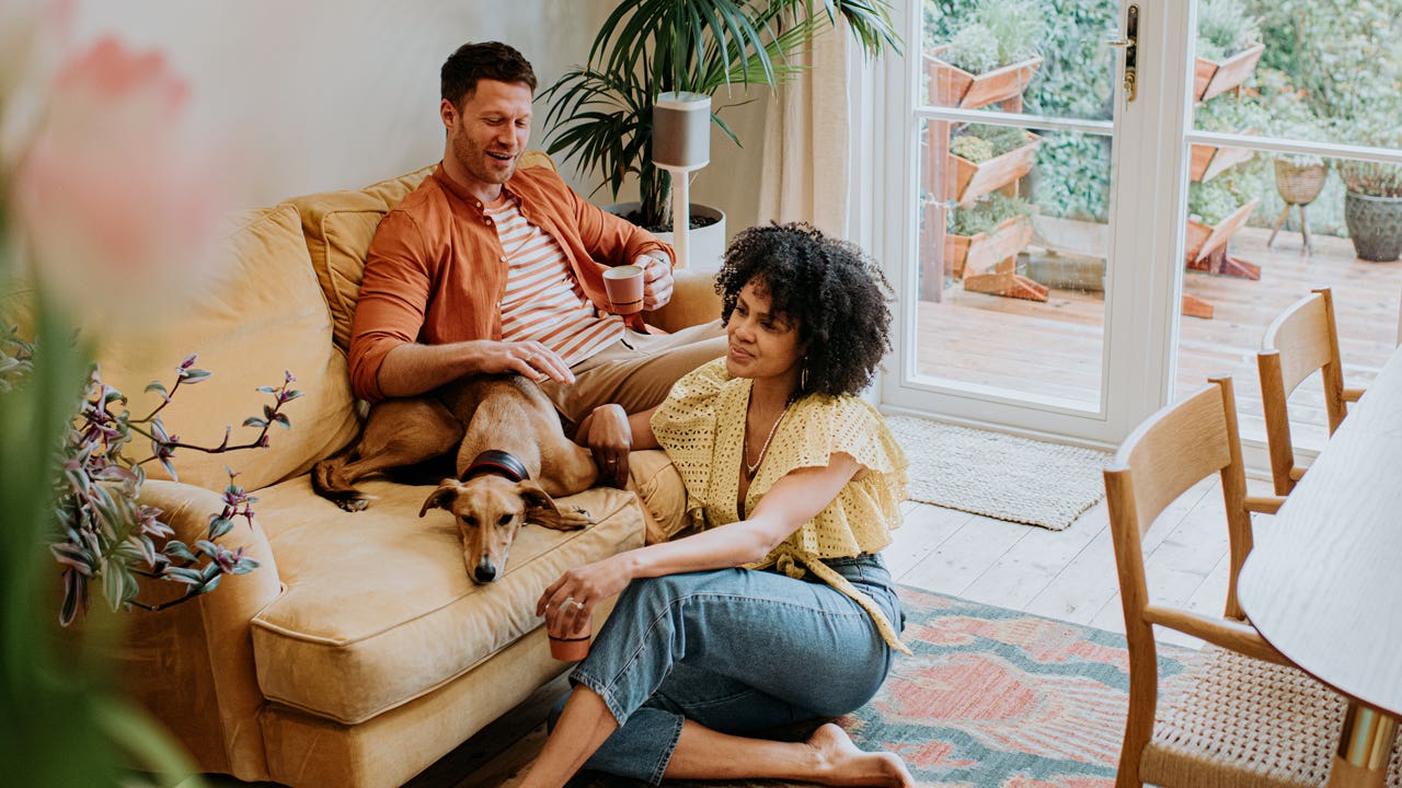 A young couple sitting on the couch talking to each other with their dog.
