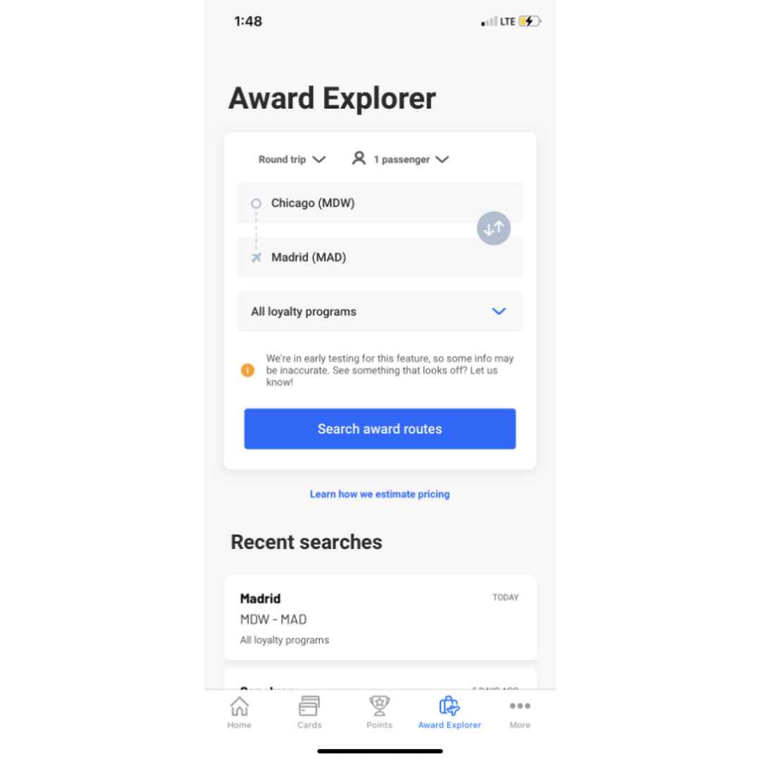 Smartphone screenshot showing the 'Award Explorer' page of The Points Guy app